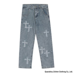 Men Streetwear Baggy Jeans Trousers with Cross print